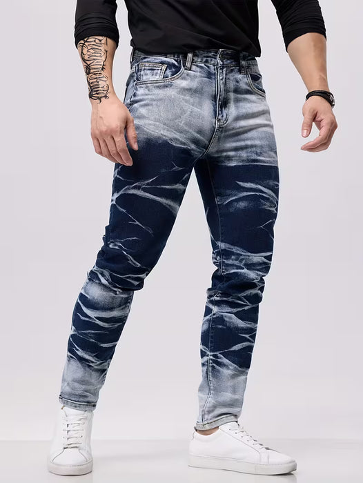 Shein Jeans de pierna recta azul oscuro para hombre, estilo americano, con múltiples bolsillos