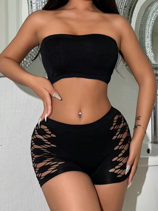 Conjunto de Sujetador Hueco Geométrico de Tres Piezas y Bragas Cómodas Sin Costuras para Mujer con Esquinas Planas