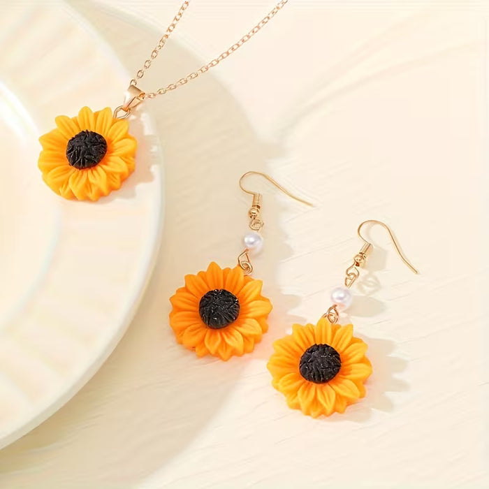 Collar y aretes de girasol de 3 piezas, juego de joyería de moda para mujer para fiesta