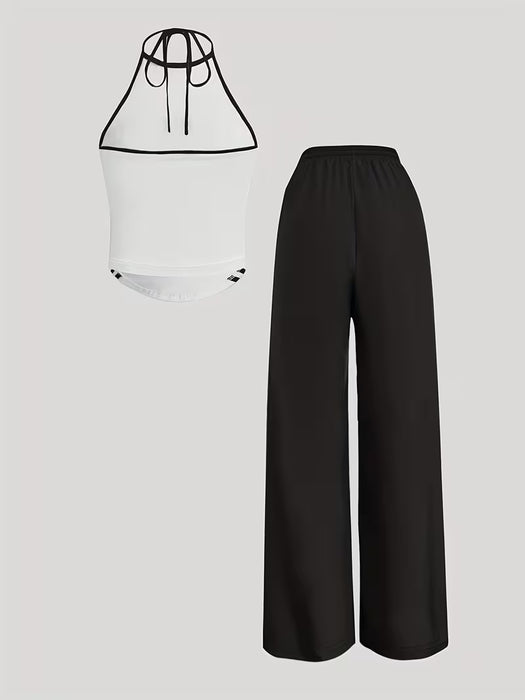 2pcs Conjunto de Camiseta Ajustada y Pantalón Ancho para Mujer