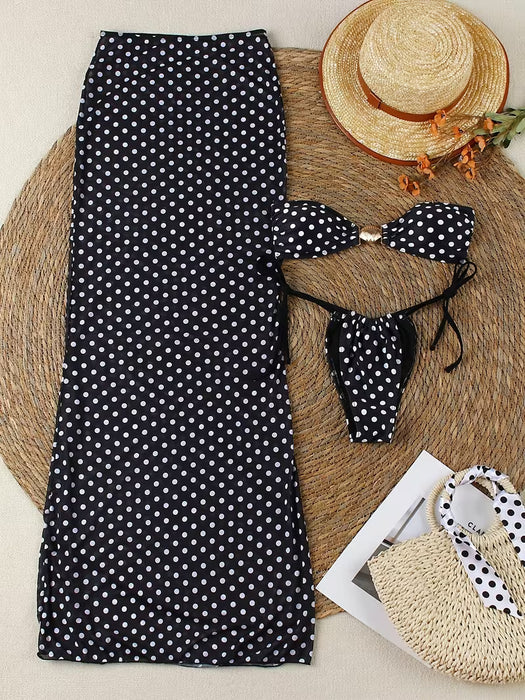 Conjunto de traje de baño de tres piezas con estampado de lunares estilo europeo sexy