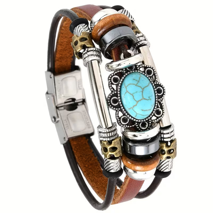 Pulsera de cuero sintético con cuentas turquesa retro, pulsera de correa