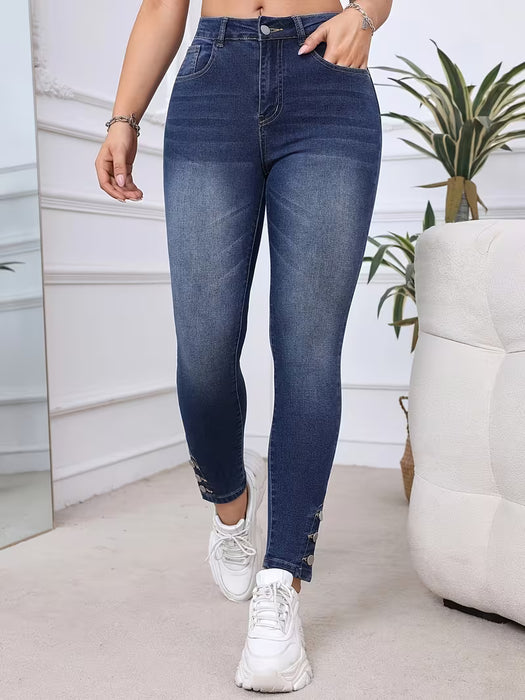 Pantalones de skinny mezclilla ajustados con botón en la parte inferior