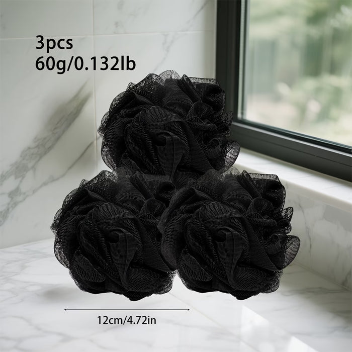 3 Esponjas de baño grandes de malla duradera en negro de 60 gramos