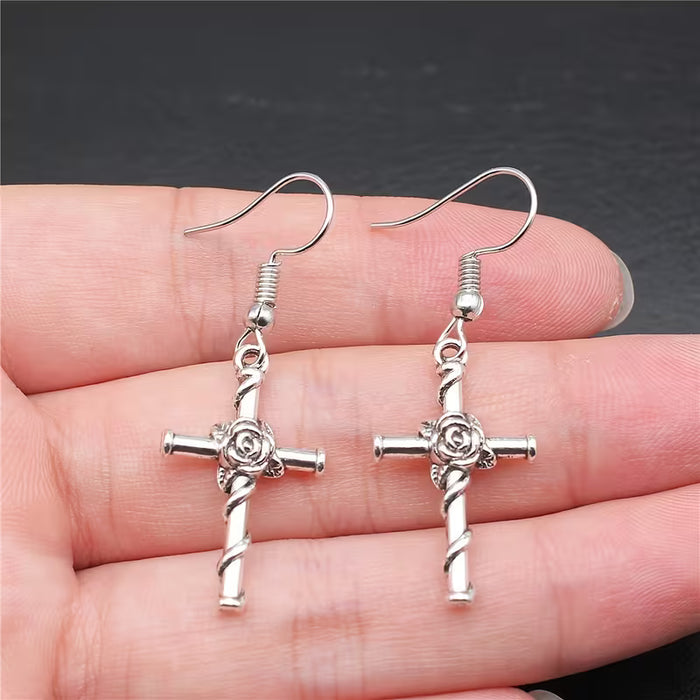 Pendientes de Gota con Cruz Floral Vintage Boho-Chic para Mujeres