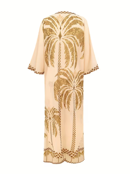 Conjunto de cardigan y pantalones anchos con estampado de coco tropical para mujer