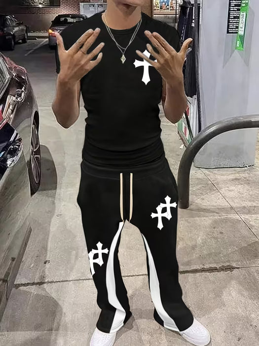 Conjunto de sudadera y pantalón de chándal de manga corta con empalme y elemento de cruz