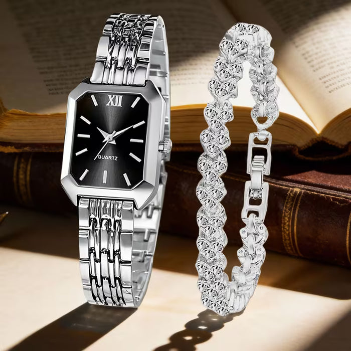 Juego de reloj y pulsera con diseño de cadena opulenta en forma de corazón de mujer