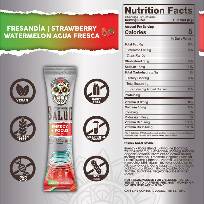Taste Salud, Mezcla para energía + concentración, Fresa Sandía 6 Servicios