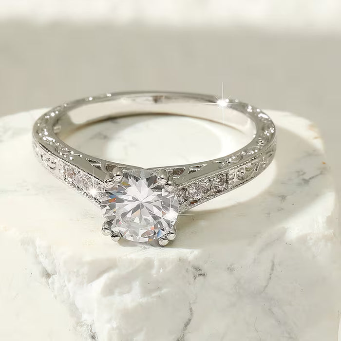 Anillo de moda para mujer con diseño estampado, redondo, de boda, de circonita sintética blanca