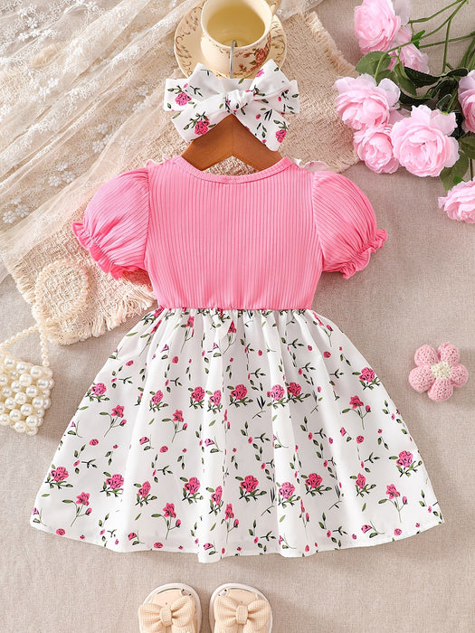 Vestido para niñas con estampado floral, detalle de lazo y borde festoneado, manga abullonada