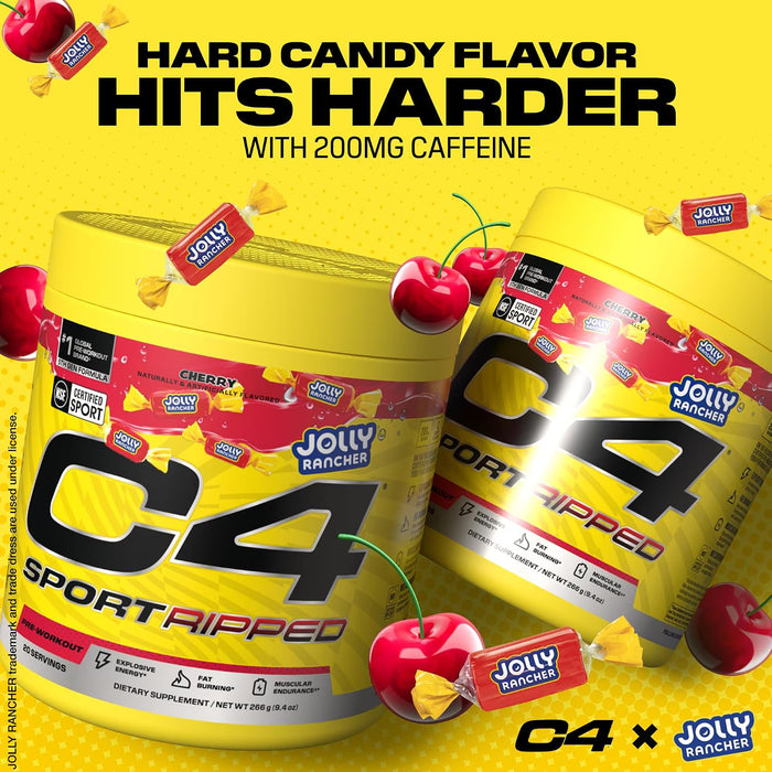 C4 Sport Ripped Pre Workout Powder - Jolly Rancher Cherry - Certificado NSF para deportistas