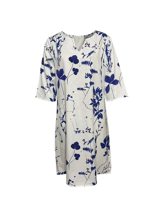 Vestido de mujer de estilo vintage para vacaciones, holgado, casual, con cuello en V y manga de tres cuartos