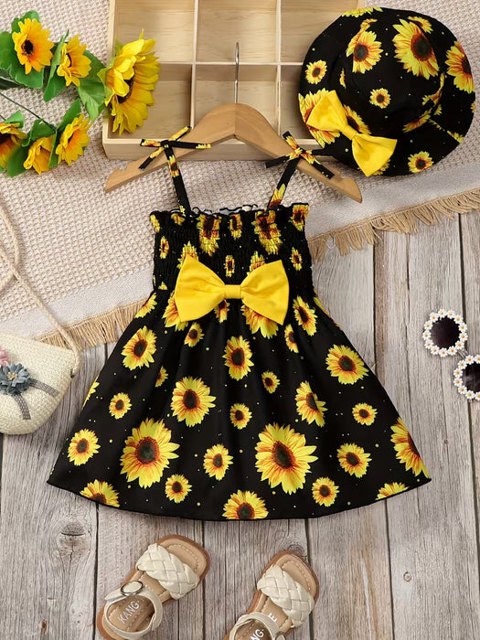 Conjunto de Dos Piezas para Niñas: Vestido con Estampado + Sombrero