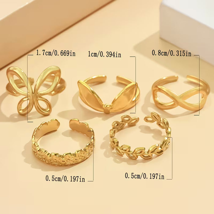 Juego de 5 Anillos con Forma de Flor y Corazón Ajustable, para mujer