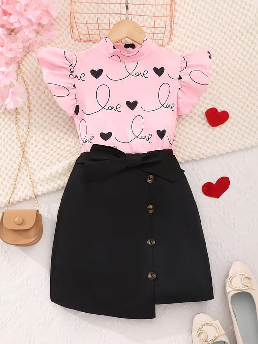 Conjunto de Dos Piezas para Niñas Primavera-Verano: Top de Manga Corta y Falda