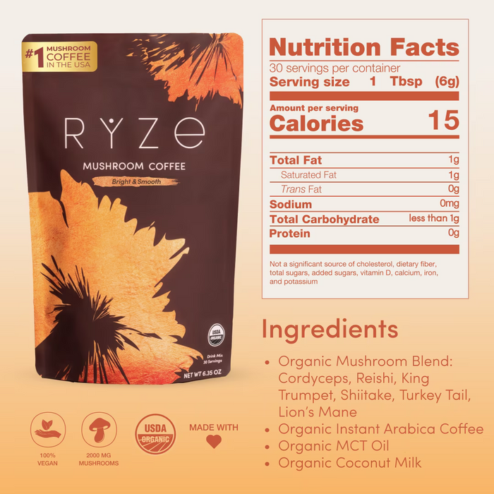 RYZE SUPERFOODS Café con sabor a champiñones, tostado medio, orgánico certificado por el USDA, con 6 hongos adaptógenos
