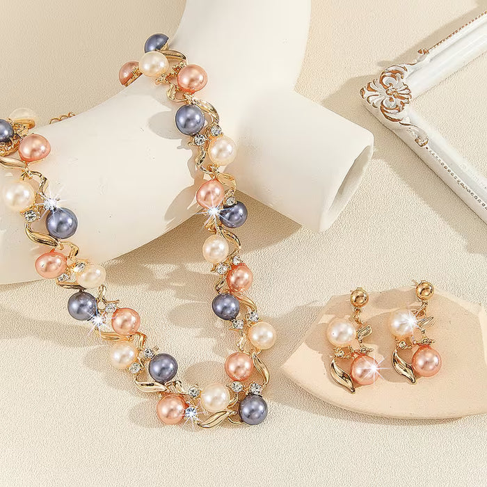 3 piezas/juego de collar y aretes de hojas vintage, flores y imitación de perlas exagerada