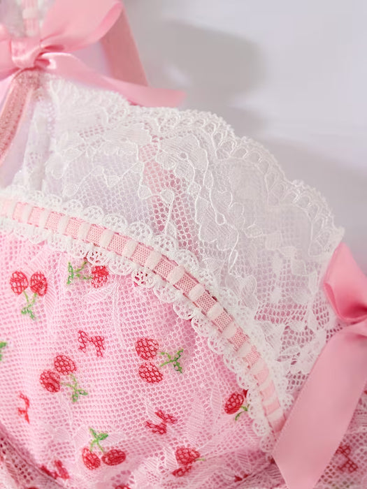 Pijama para Mujer, Estampado de Cerezas Rosas con Encaje Contrastante