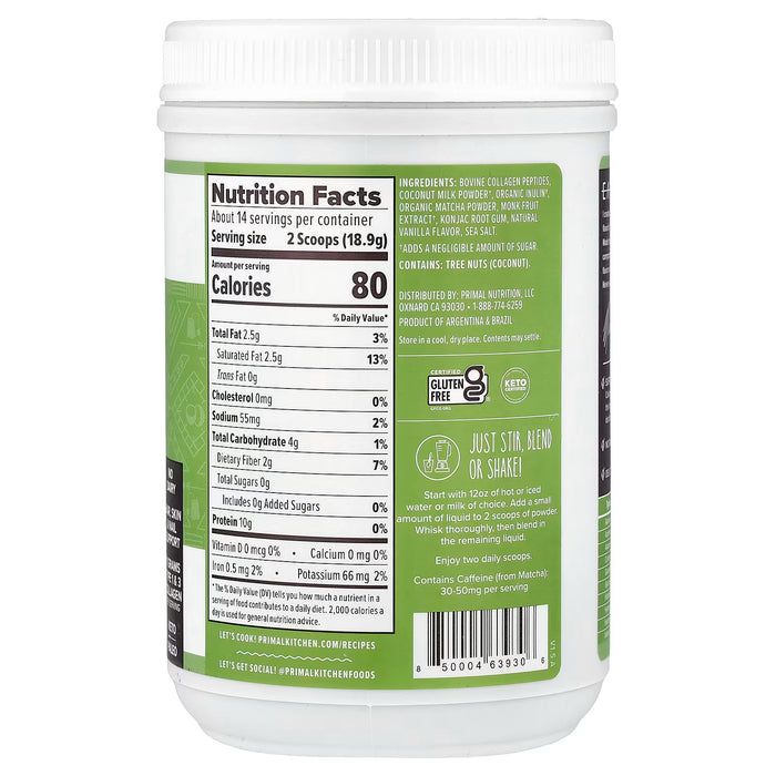 Primal Kitchen, Latte Keto con Colágeno, Matcha, 264,6 g (9,33 oz)