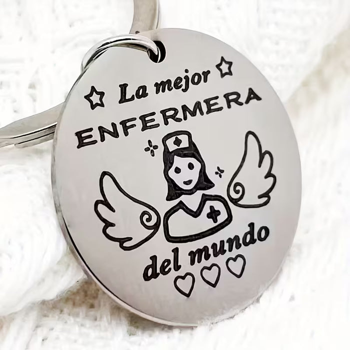 Llavero de enfermera de acero inoxidable, Diseño de ángel enfermera con grabado