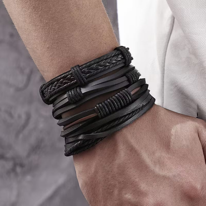 Juego de 11 pulseras tejidas de cuero artificial negro, diseño fácil