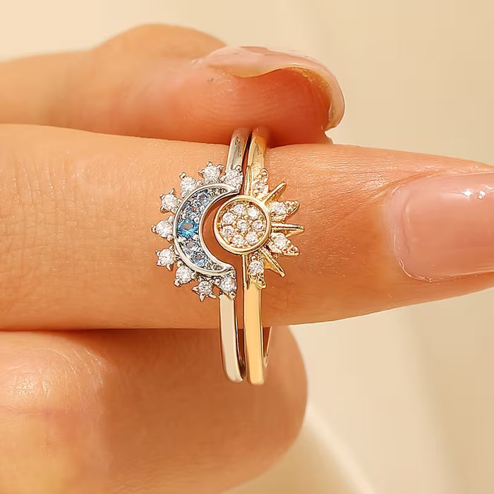2 Piezas de Anillos Abiertos de Sol y Luna con Diseño Vintage y Zirconia Cúbica