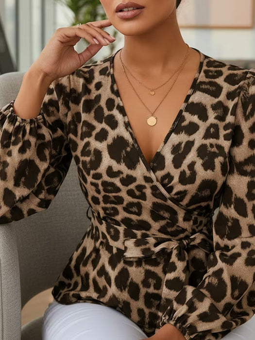 Top de manga larga con cuello en V para mujer con estampado de leopardo y lazo