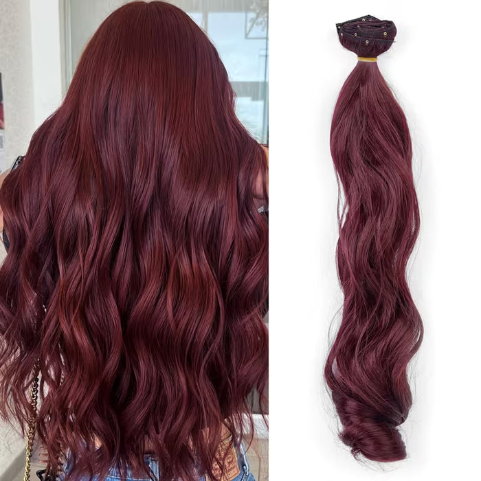Set de 7 Clips con Ondas de Sirena Lujosas en Rojo Vino,Cabello Sintético Ligero 22inch