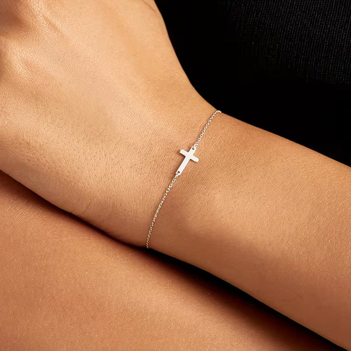Pulsera de cadena con cruz de acero inoxidable, elegante y minimalista, para mujer