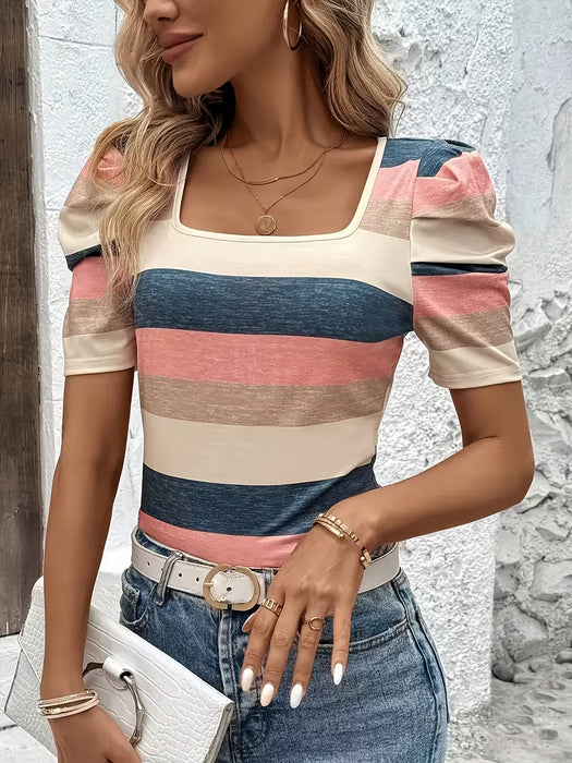 Camiseta occidental con borde, a rayas, cuello cuadrado y mangas abullonadas