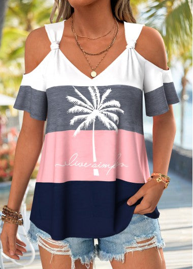 MODLILY Camiseta de manga corta con estampado de plantas tropicales rosas y diseño retorcido