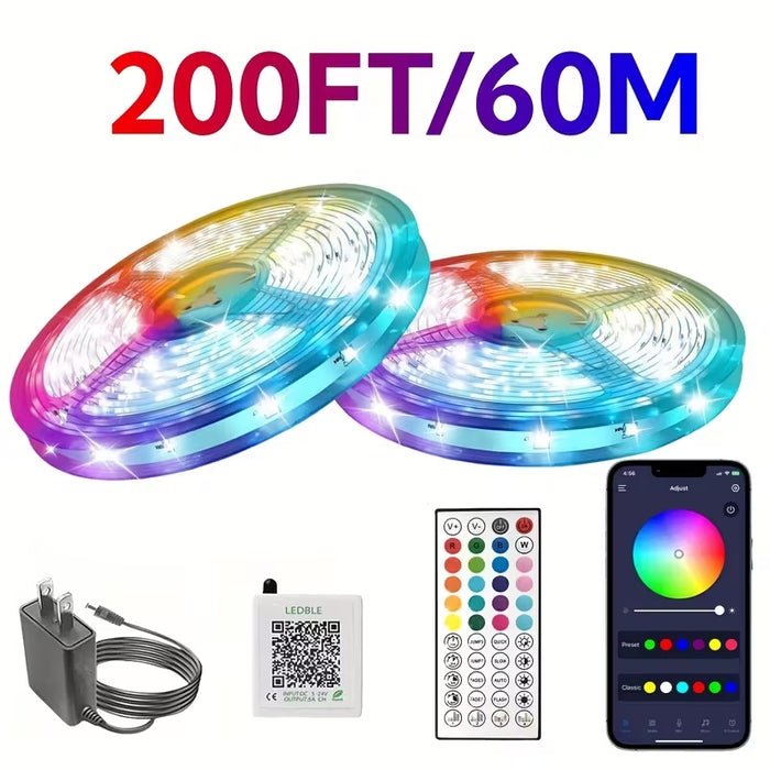 Tira de luces LED RGB QZYL de 60,96 metros con sincronización, control por app y mando a distancia