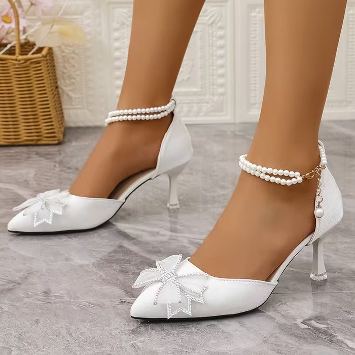 Zapatos de Tacón Alto Blanco con Lazo de Estrás y Correa en el Tobillo, Elegantes para Mujer