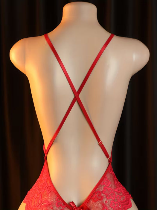 1 pieza de lencería exótica de peluche para mujer, body de encaje semitransparente con escote en V profundo