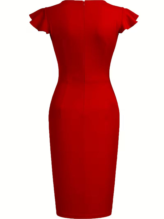 Elegante Vestido Midi de Mujer con Escote en V, Color Sólido