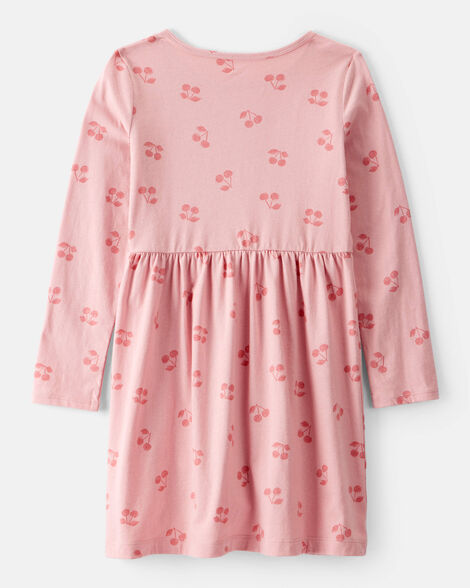 Vestido de algodón de manga larga con estampado de cerezas para niña - Rosa