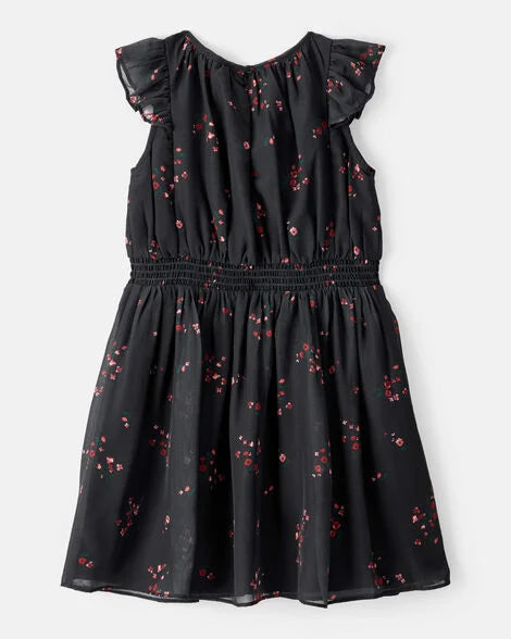 Vestido de fiesta de manga corta con estampado floral para niña - Negro