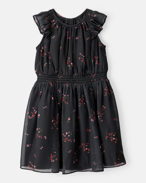 Vestido de fiesta de manga corta con estampado floral para niña - Negro