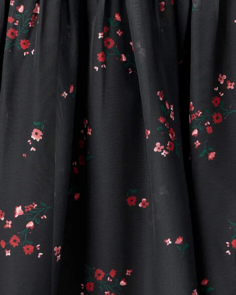 Vestido de fiesta de manga corta con estampado floral para niña - Negro