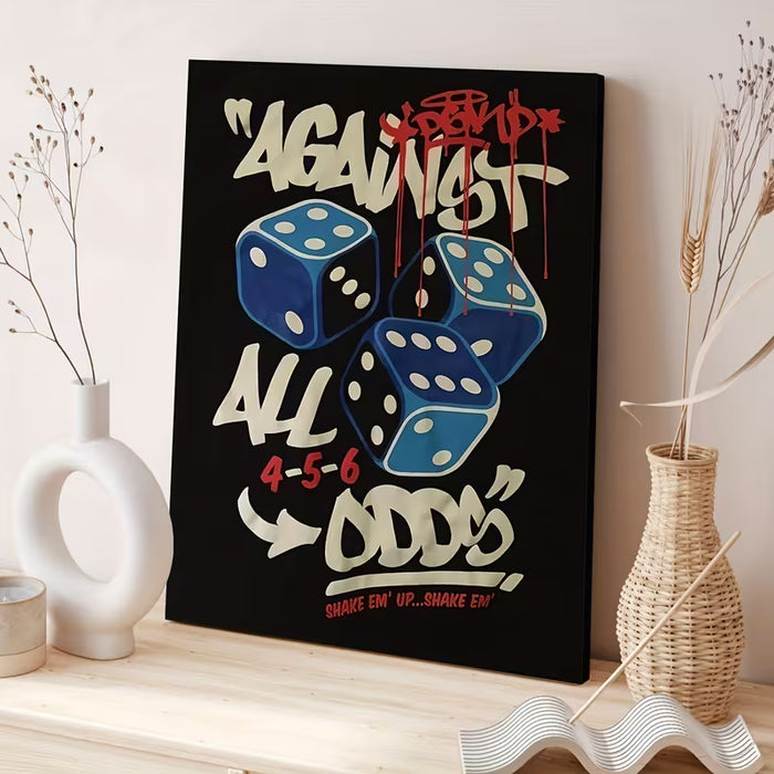 1 lámina moderna de arte decorativo en lienzo con marco - "Contra todo pronóstico" obra artística sobre dados 30X40cm