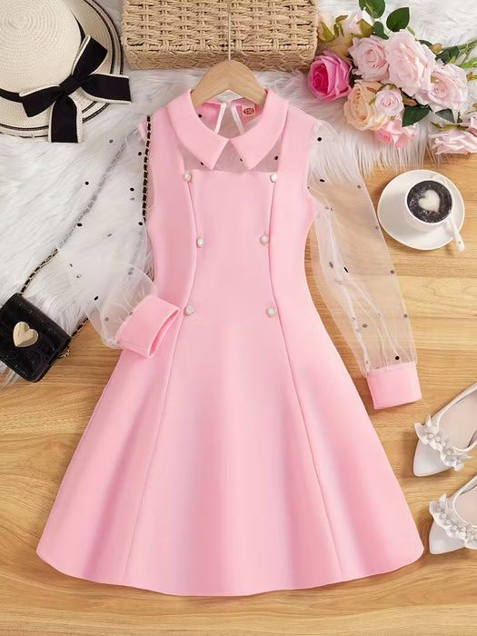 Un elegante vestido de manga larga para niñas, cuello y combinación de malla