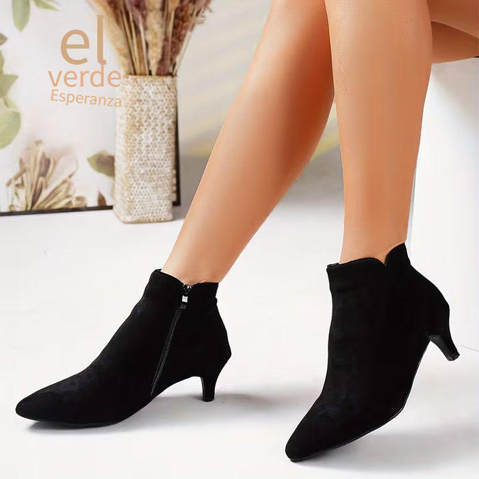 Botines de Mujer Elegantes con Cremallera Lateral - Forro de Peluche y Tacón Bajo