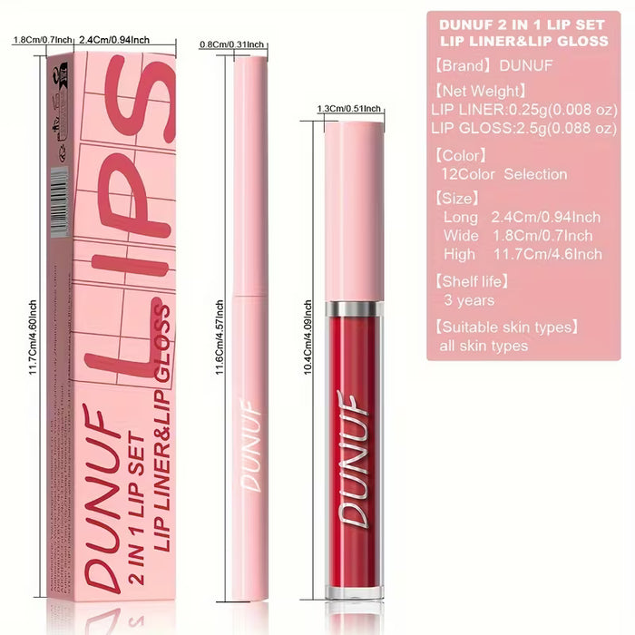 Set 2 en 1 de Lápiz Labial y Brillo Labial Mate Aterciopelado, Duradero