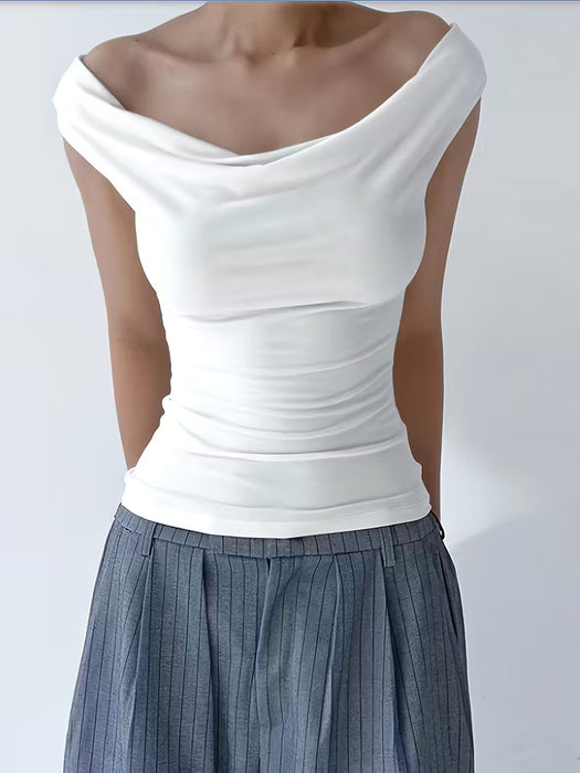 Camiseta sin hombros para mujer con volantes - Ajuste ceñido, color sólido