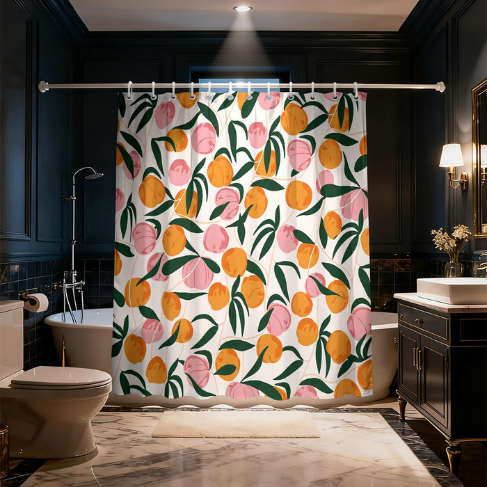 1 pieza Cortina de ducha con diseño de durazno rosa con rama y hoja verdes 180x180cm
