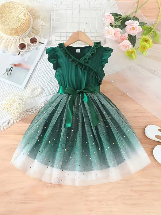 Vestido para niñas, estilo vintage elegante, con lentejuelas estrelladas, malla, volantes y dobladillo