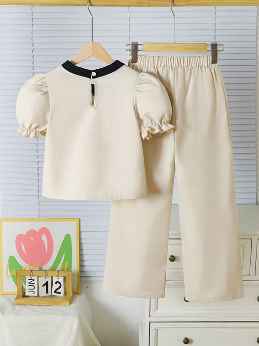 Juego de 2 Piezas con Top de Manga Bufanda y Pantalones Decorados con Lazo para Niñas