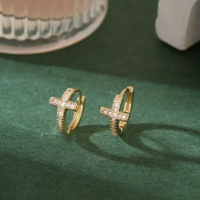 1 Par de Pendientes de Cruz de Cobre, Incrustación de Circonita Sintética