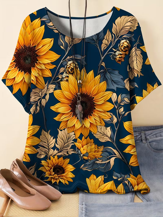 Camiseta Casual de Manga Corta con Cuello Redondo con Estampados de Girasoles
